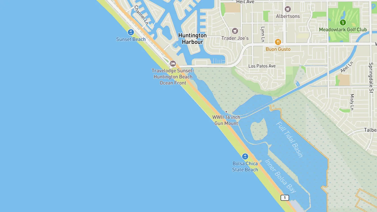 Kaart met Surfside/Sunset/Bolsa Chica Beaches