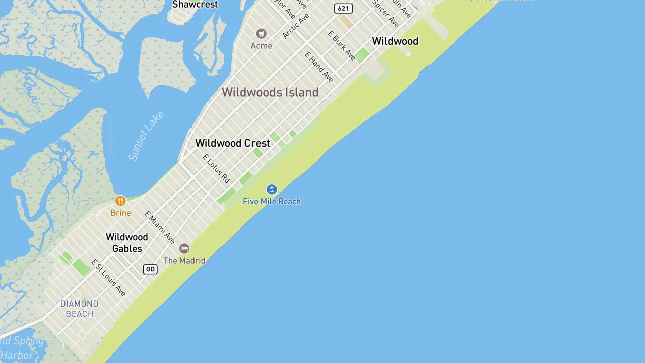 Map showing Wildwood/ Five Mile Island