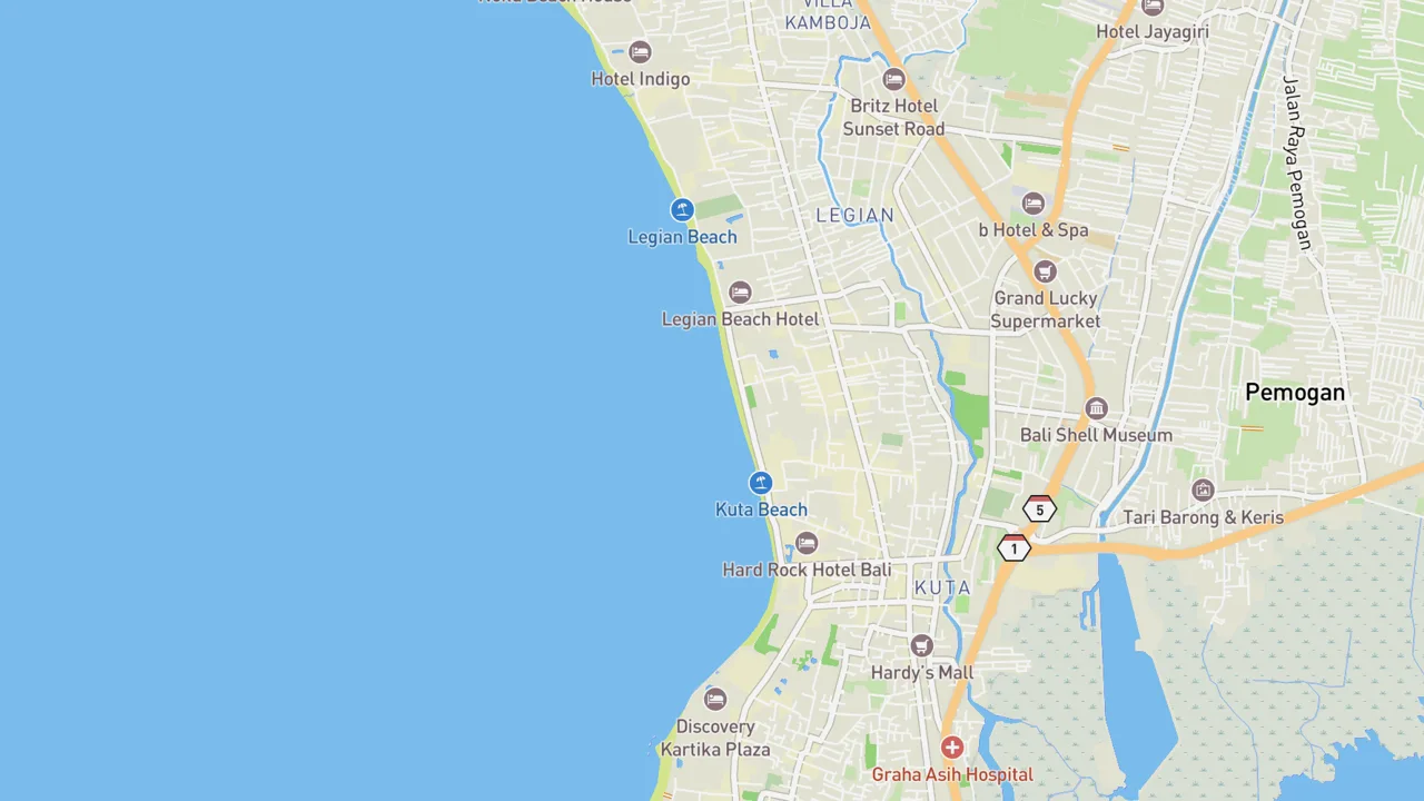 Map showing Kuta Beach