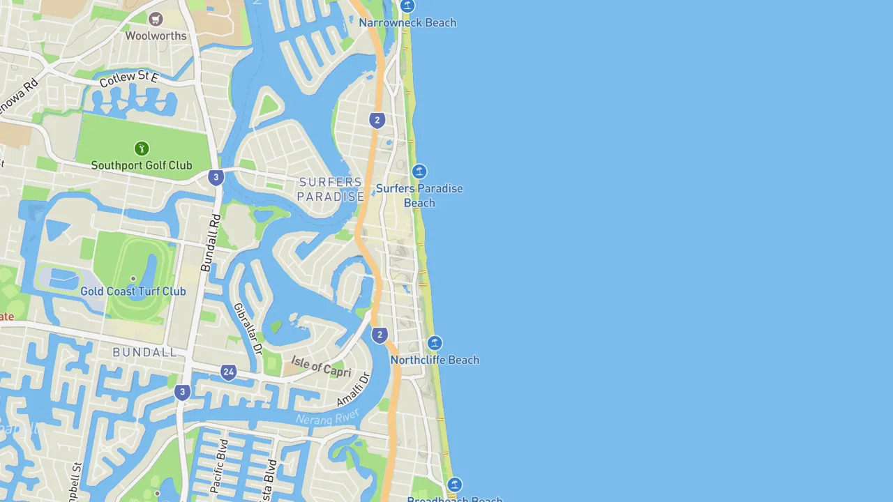 Map showing Surfers Paradise (Gold Coast)